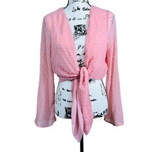 BCBGeneration pink swiss dot Open Front Long Sleeve Front Tie Crop Top Blouse S